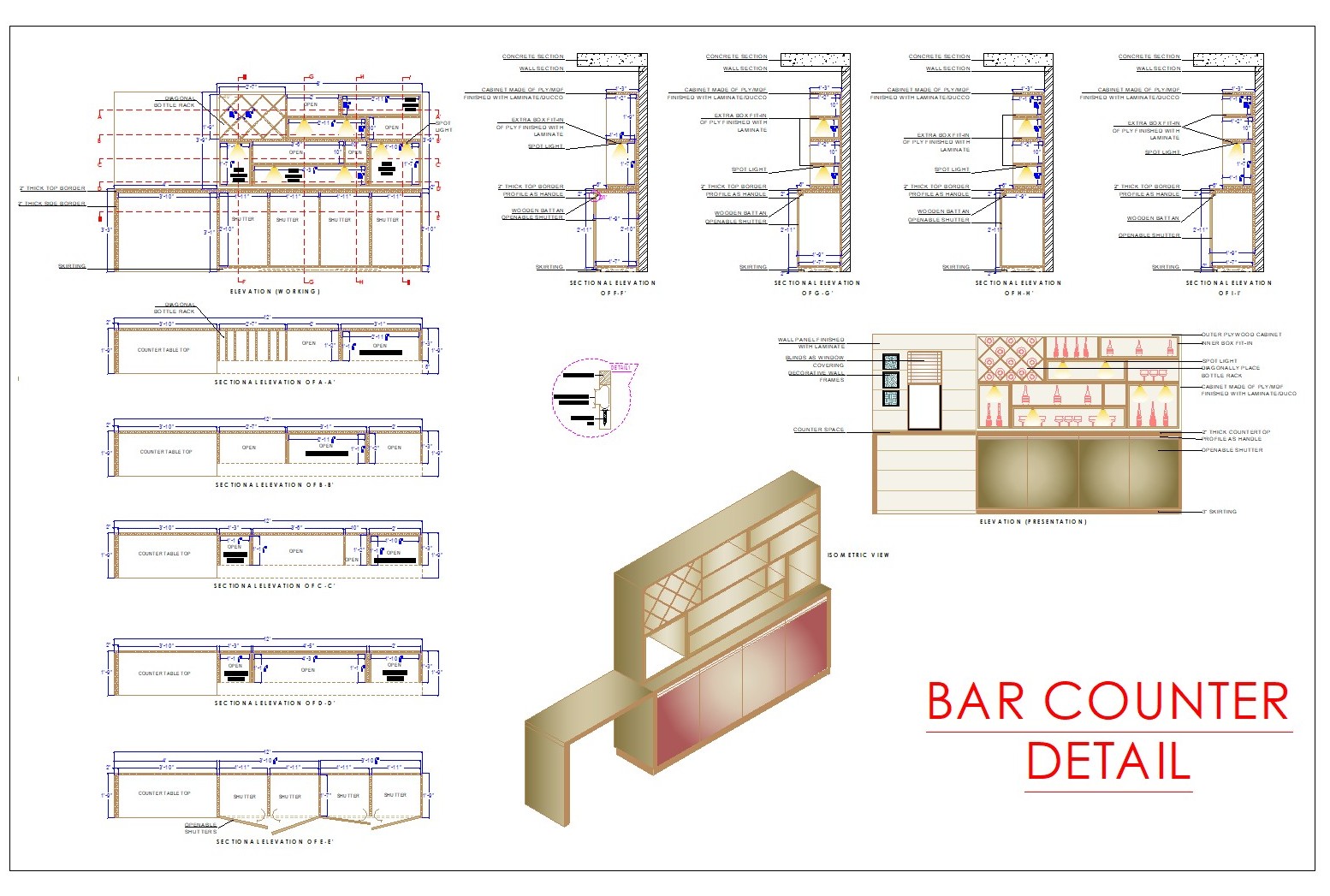 Bar Counter CAD Drawing with Storage and Seating